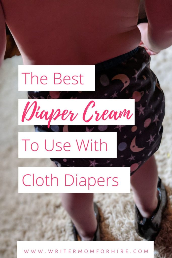 pinterest graphic that has a photo of a toddler wearing a cloth diaper, plus text urging readers to find out about the best diaper rash cream for cloth diapers