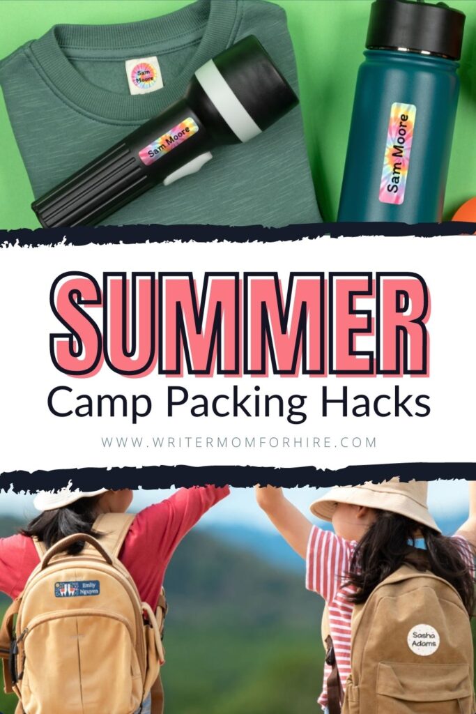 summer camp gear labeled with name bubbles and text that reads: summer camp packing hacks