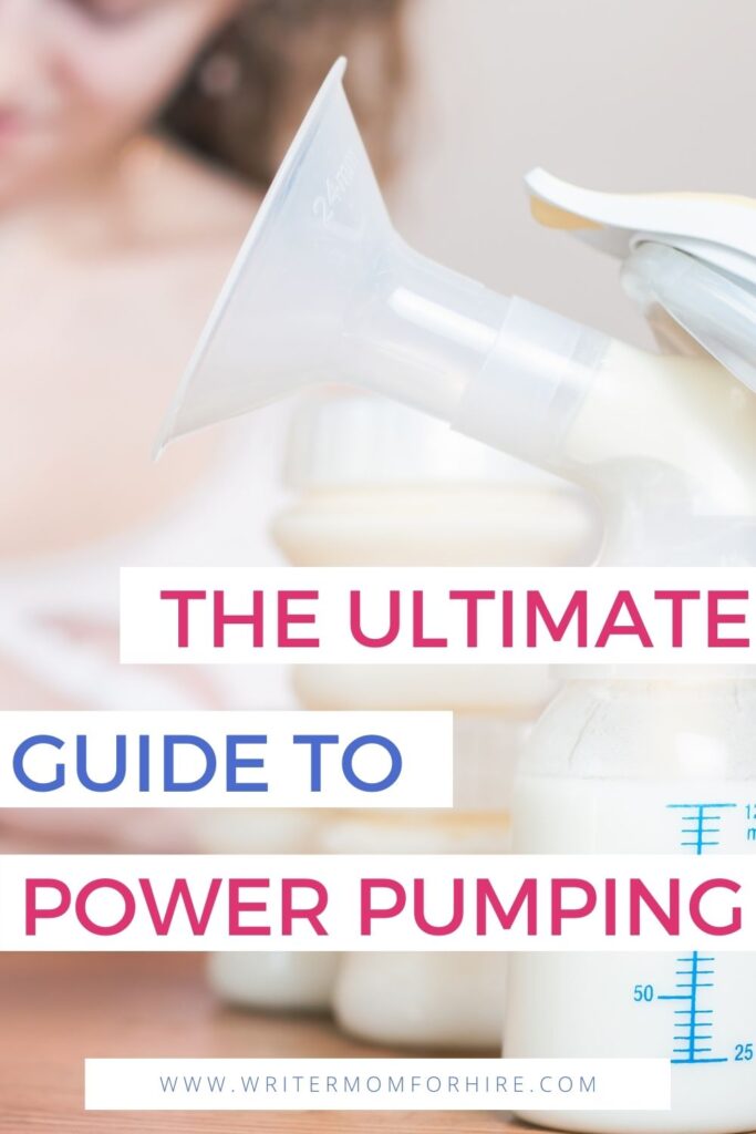 woman pumping with a bottle of expressed milk in front of her and text that reads: the ultimate guide to power pumping
