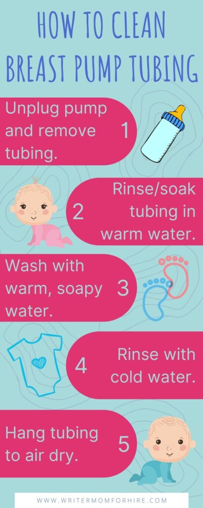 how to clean breast pump tubing instructions on aqua background with images of bottle, babies, footprints, and onesie