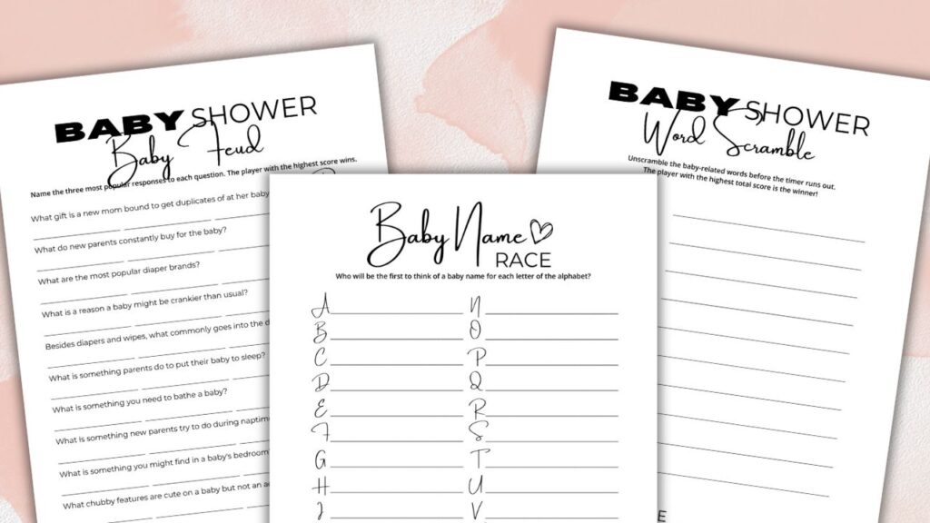 a few of the minimalistic baby shower games that i designed and listed in my etsy shop