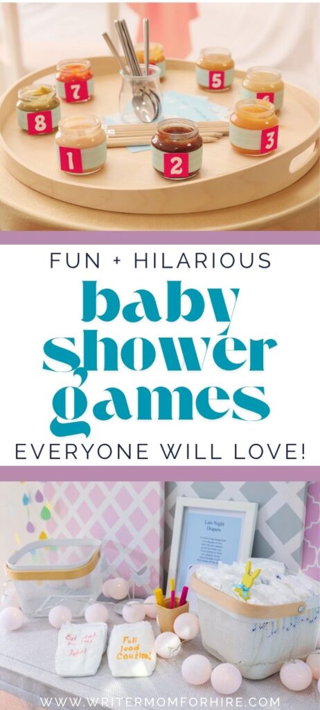 baby food game and diaper game; text that reads: fun + hilarious baby shower games everyone will love!